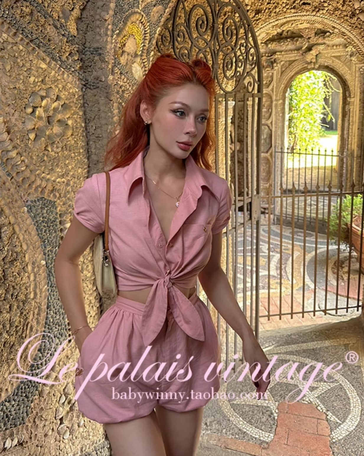 Le Palais Vintage  Gold Cotton Linen Pink Puff Sleeve Shirt + Shorts-ASA.