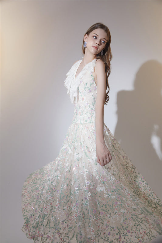 Wardrobes by Chen White Sleeveless  Flower Embroidery Long Lace Dress - EGODI