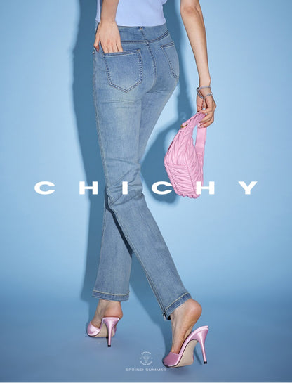 CHICHY chic bootcut high-waisted thin light blue long pants-SALLY