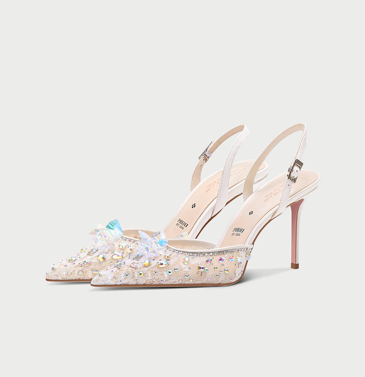 Pjjuu pointy toe formal Lace Rhinestone bridal wedding sling back stiletto heels  - AWEH