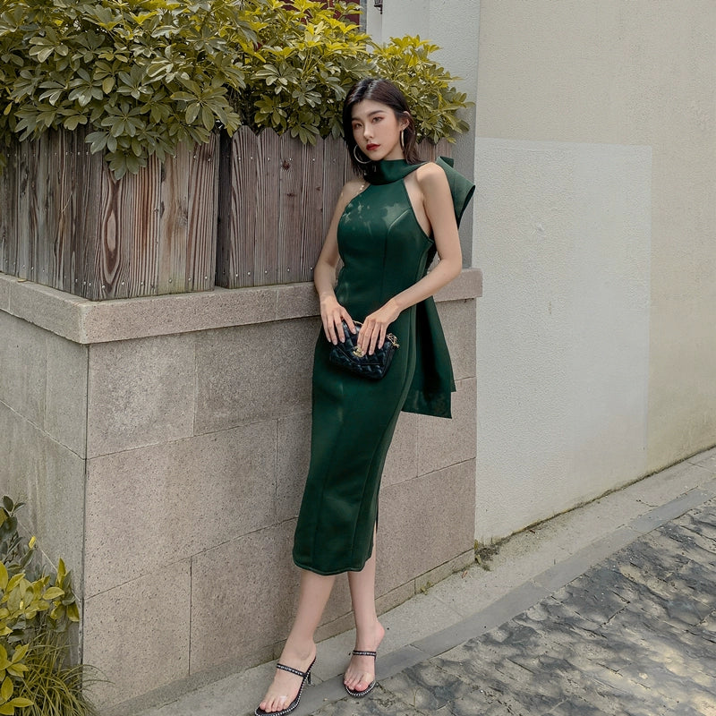 DOLLY Luxury Halter Neck Sleeveless Backless Big Bow Dinner Dress-PELA