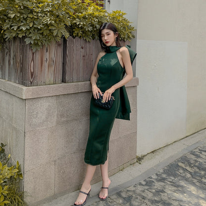 DOLLY Luxury Halter Neck Sleeveless Backless Big Bow Dinner Dress-PELA