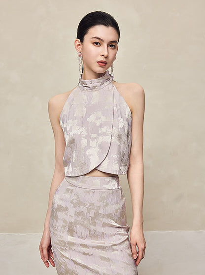 HECO Jacquard Cross Slit Pile Collar Red White Purple Crop Top Women - WORSHIP.