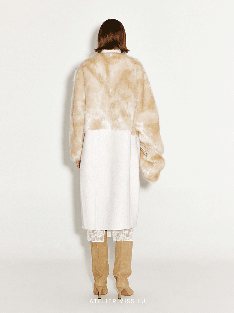 ATELIER MISS LU faux fur patchwork long sheep's wool coat -HECATE.