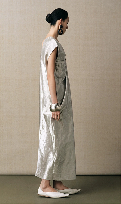 ZHUCHONGYUN silver Chinese silhouette V-neck slimming dress--SAKURA.