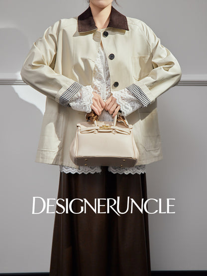 DGU| Off-white trench niche design plaid patchwork lapel long-sleeved jacket - PRAISES.