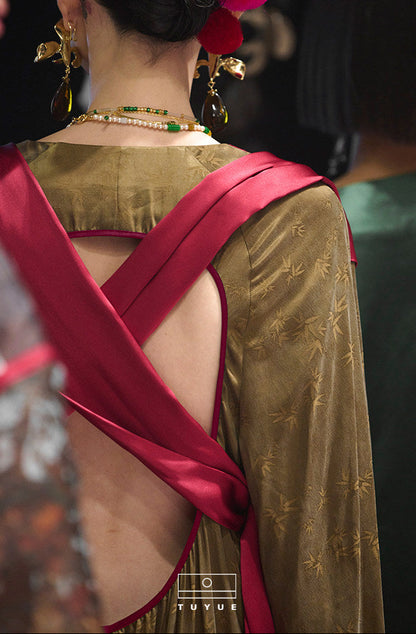 TUYUE Brown-green backless silk streamer dress- ETHAN.