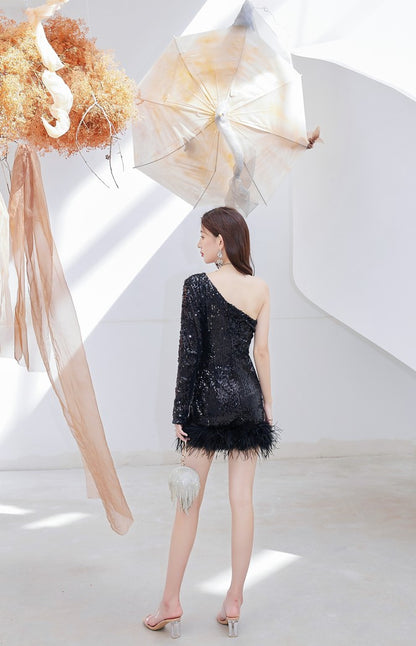 DOLLY Luxury Black Slopping Shoulder Long Sleeve Short Feather Dress-CAITTRIONA