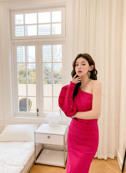 DOLLY Elegant Pink One Shoulder Lantern Sleeve High waist Slit Long Party Dress-KATE