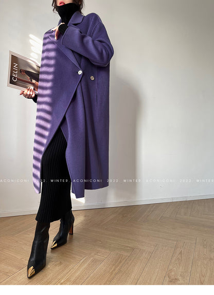 Aconiconi Luxury Purple Lapel Long Sleeve Long Straight Winter Coat- Taro