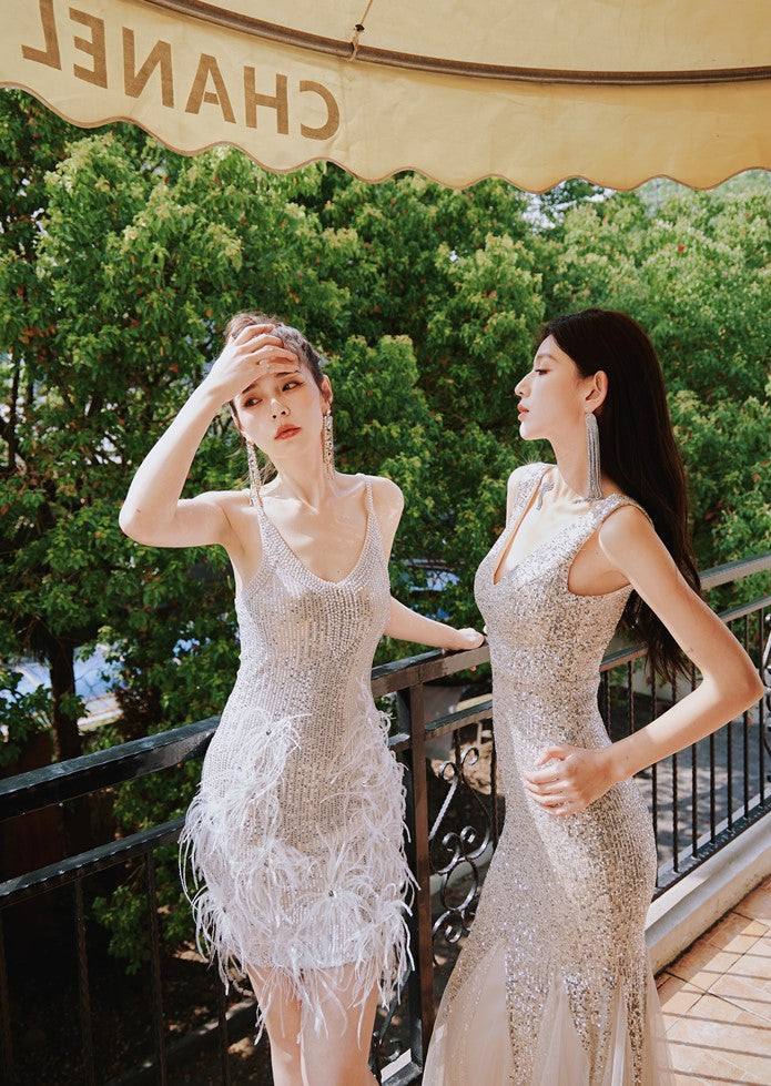 DOLLY Luxury Sliver V-Neck Sleeveless Beaded Sequin Feather Short Dress-JULIA