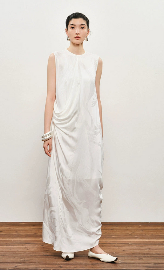 ZHUCHONGYUN White Dark Texture Pleated Sleeveless Dress-KATAKURI.