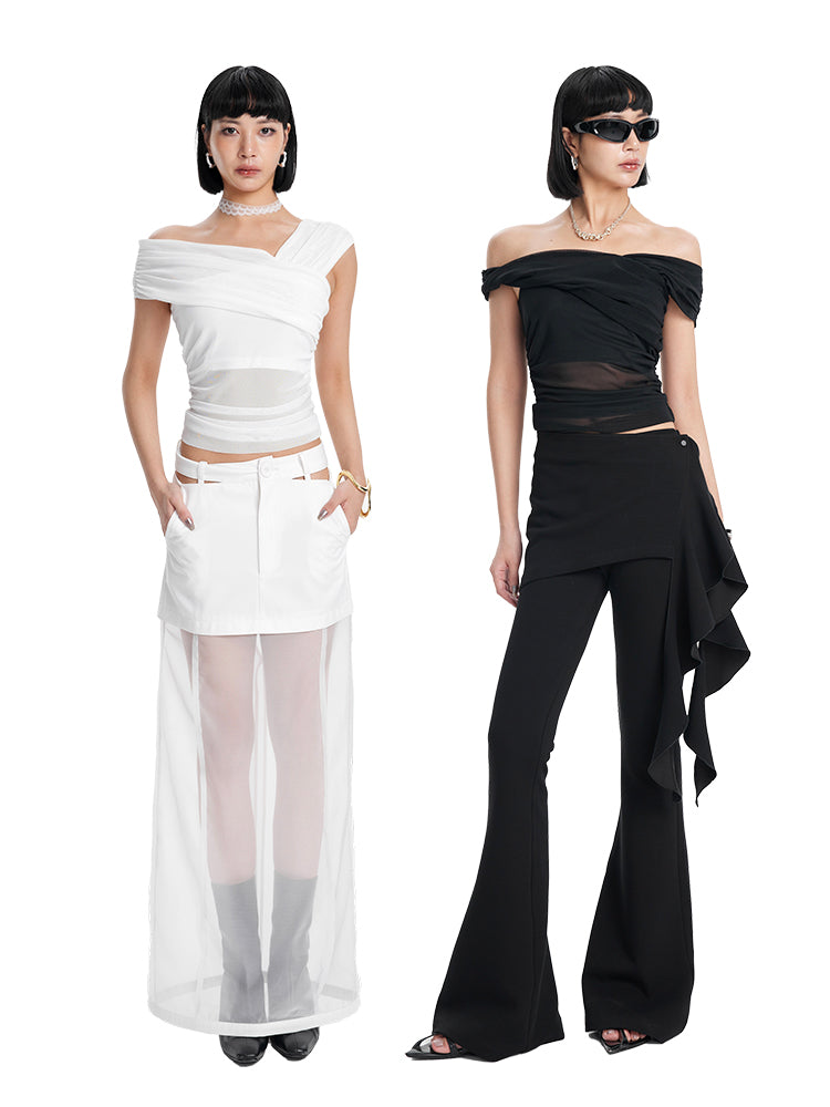 TINY IN short sleeve irregular slim mesh top -ASH