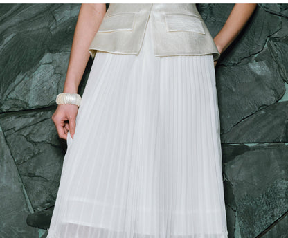 WANGXO | Faux Two-Piece Vest Suit & Romantic Pleated Gauze Skirt -THIA.