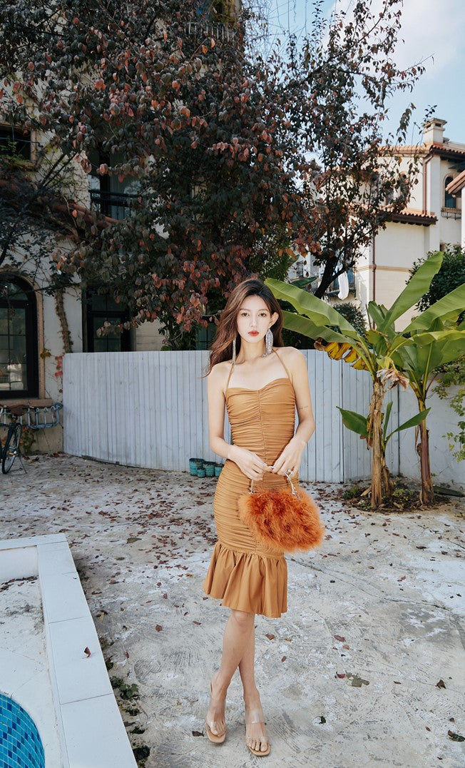 DOLLY Elegant Brown Sleeveless Halter Neck Pleated Fish Tail Midi Dinner Dress-PAULA