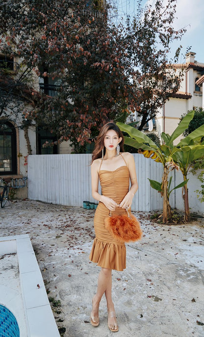 DOLLY Elegant Brown Sleeveless Halter Neck Pleated Fish Tail Midi Dinner Dress-PAULA