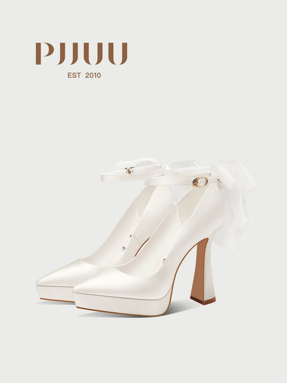 PJJUU white thick high heel ankle strap mary jane shoes - TWITCH.