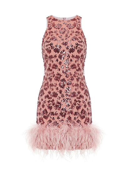 Wardrobes by Chen Dark Rose Pink Floral Sequin Feather Short cocktail Dress-Luciana