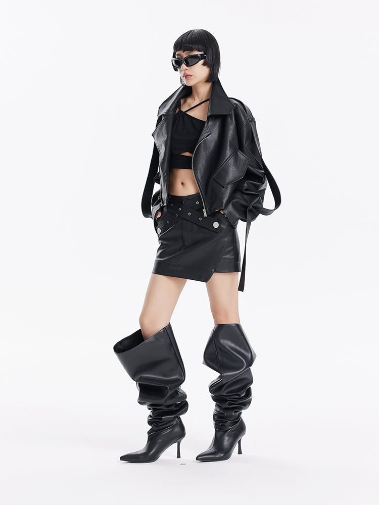 TINY IN cross belt pu leather black skirt -DASHY