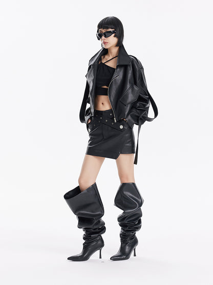 TINY IN cross belt pu leather black skirt -DASHY