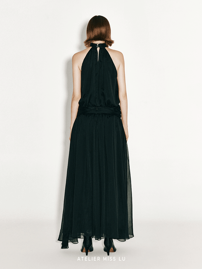 ATELIER MISS LU Flowy Multi-layered Halterneck Low-waisted Black Gown - BIANCA