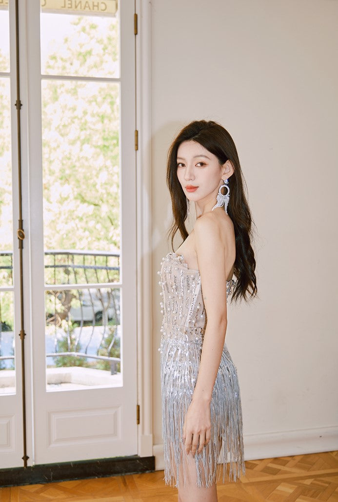 DOLLY Elegant Chest Wrap Glittering Tassel Tube Top Beaded Short Sexy Dress-LENORA  (V)