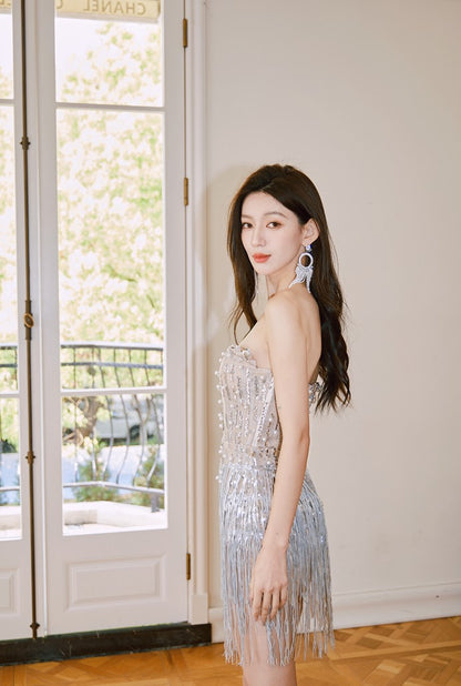 DOLLY Elegant Chest Wrap Glittering Tassel Tube Top Beaded Short Sexy Dress-LENORA  (V)