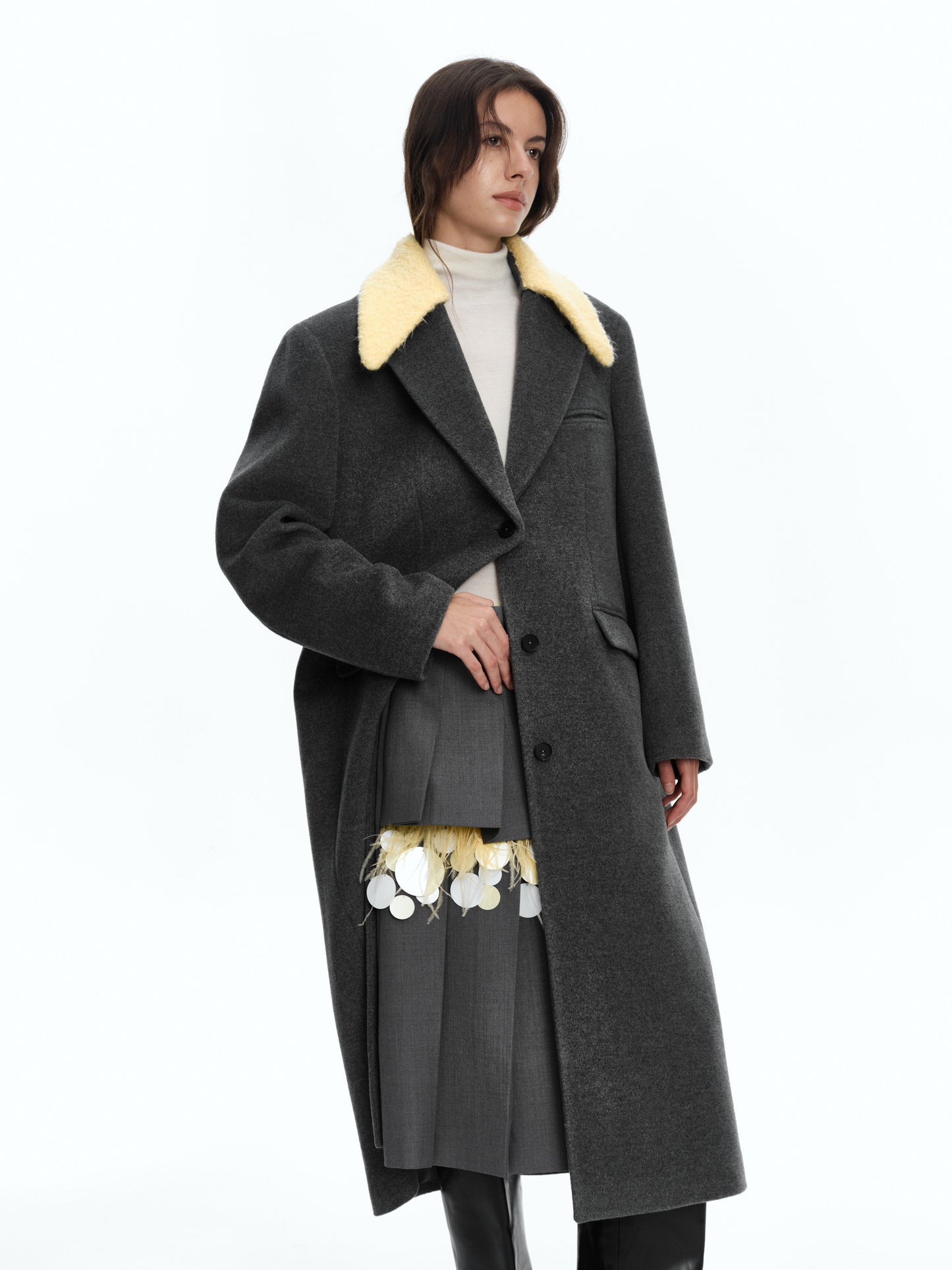 SERRER Light Yellow Gray Wool Coat with Detachable Fur Collar - ZAINAB.