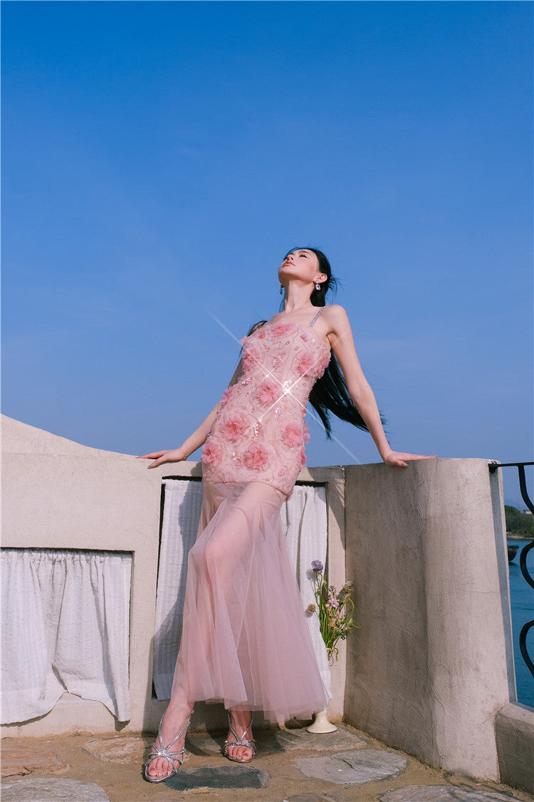 Wardrobes by Chen High End Pink Sleeveless Flower applique Sequin Dress-Bena