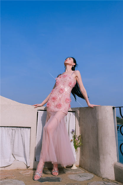 Wardrobes by Chen High End Pink Sleeveless Flower applique Sequin Dress-Bena