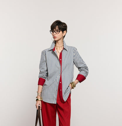 ANNASPEAK cotton up-and-down loose slimming striped long-sleeved long shirt-KILO.