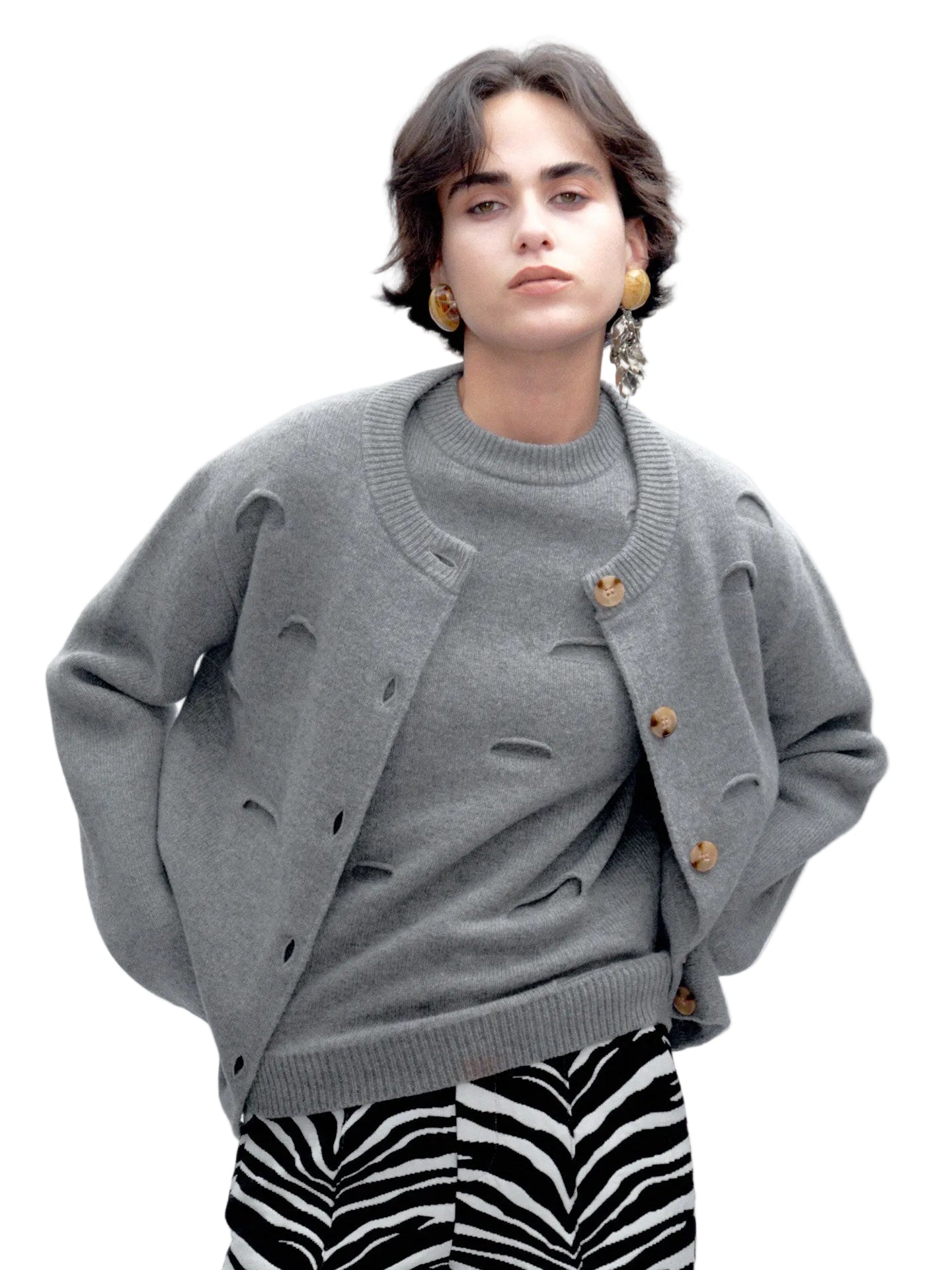JACQUES WEI Ripped Design Merino Wool Crewneck Cardigan Jacket - ICON
