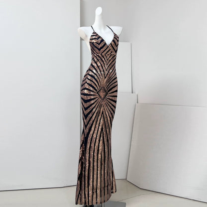 DOLLY Elegant Green Sleeveless Cross Backless Body Hug Long Sequin Dress-ENYA