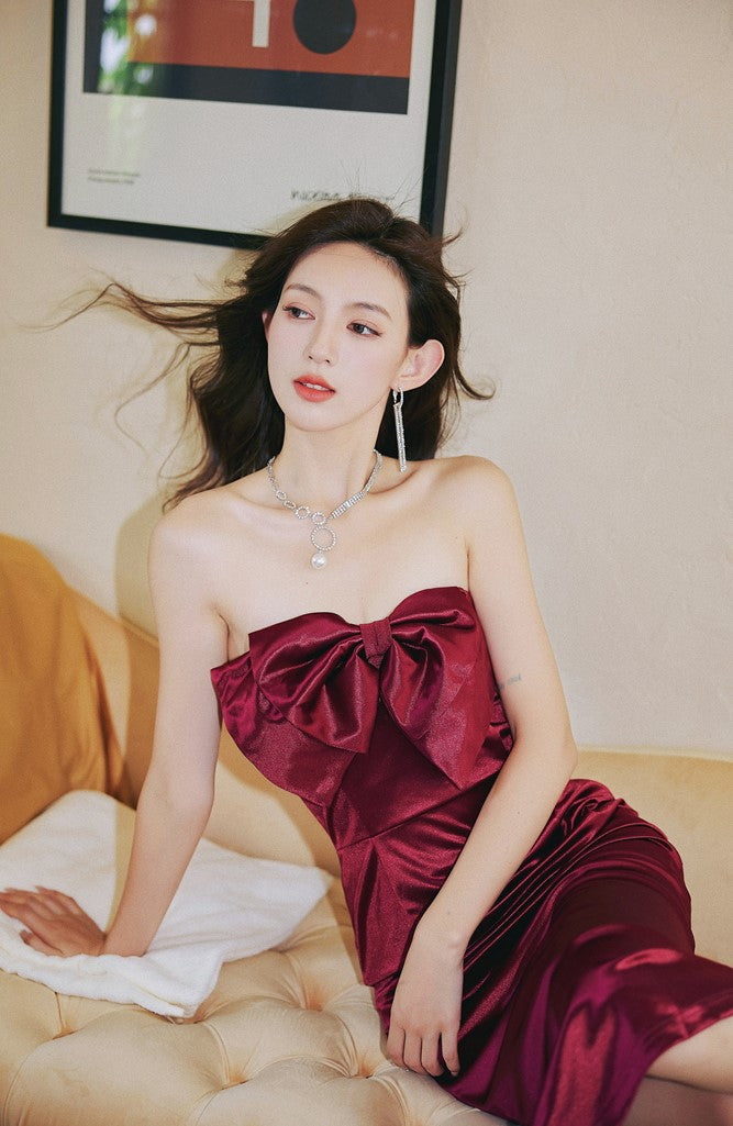 DOLLY Elegant French Style Big Bow Satin Off Shoulder Tube Top Midi Dress-MIA