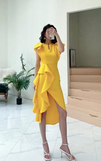 DOLLY Luxury V-Neck Short Sleeve High waist Slim Fit Irregular Hem Date Dress-LISA