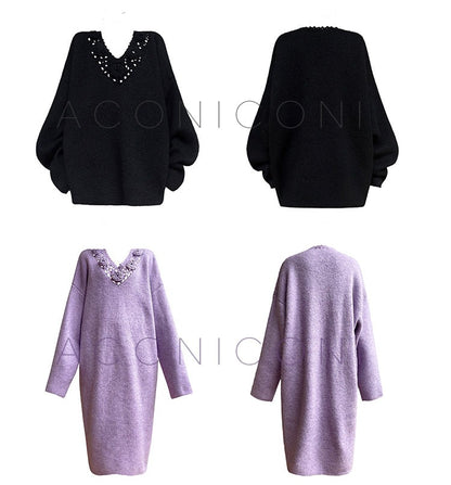 Aconiconi|Purple Flower Crochet openwork long cropped loose wool knit sweater  dress - Twilight