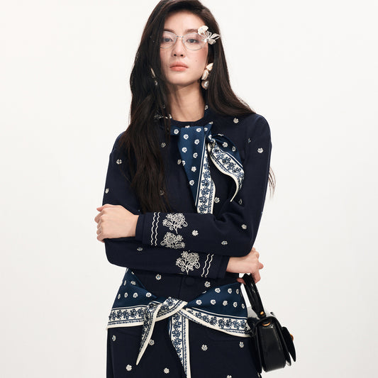 FAME Hepburn Beaded Printed Silk Scarf Embroidered Sweatshirt Jacket