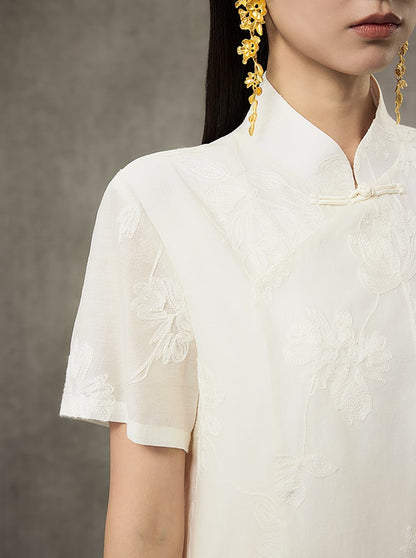 HECO Short Sleeve Mandarin Neckline Loose Summer Top - CENTER.