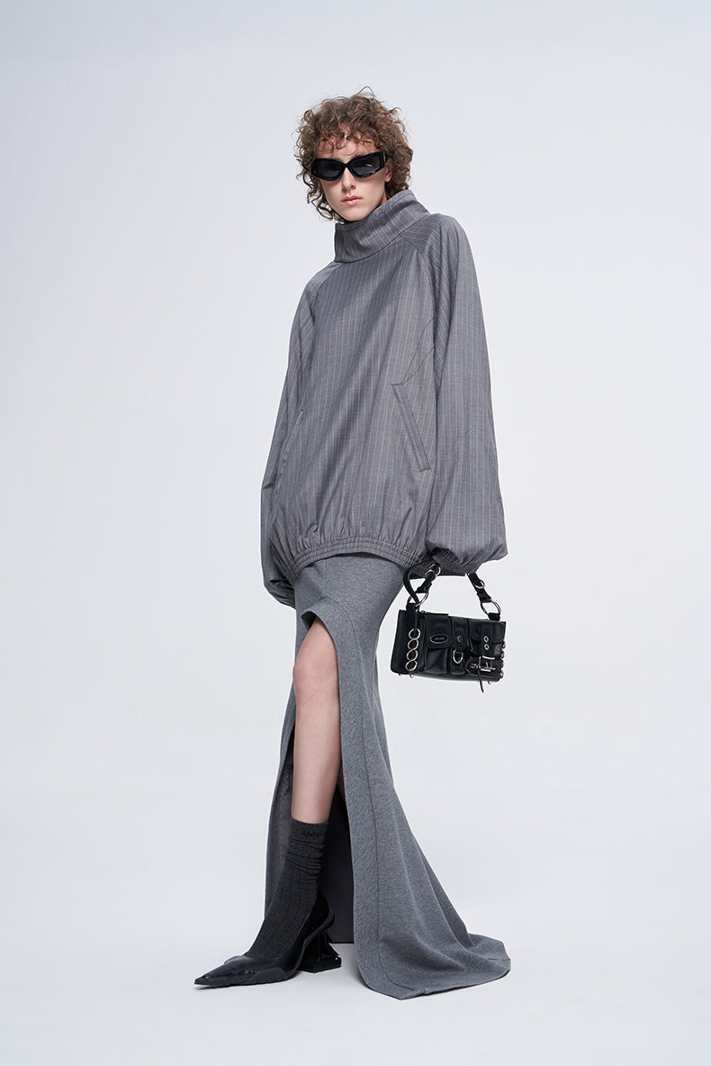 ANNAKIKI Gray Wool Casual Loose Pullover Stand Collar Top-EIKO