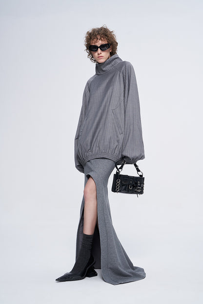 ANNAKIKI Gray Wool Casual Loose Pullover Stand Collar Top-EIKO