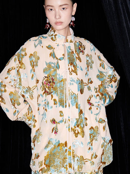 M essential Mackay designer brand Qili burnt flower velvet beads loose top - WORD.