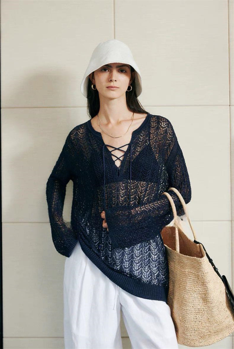 PIAOIN light luxury cut-out lace-up yarn knitted blouse women's loose Tencel jacket -WILLOW