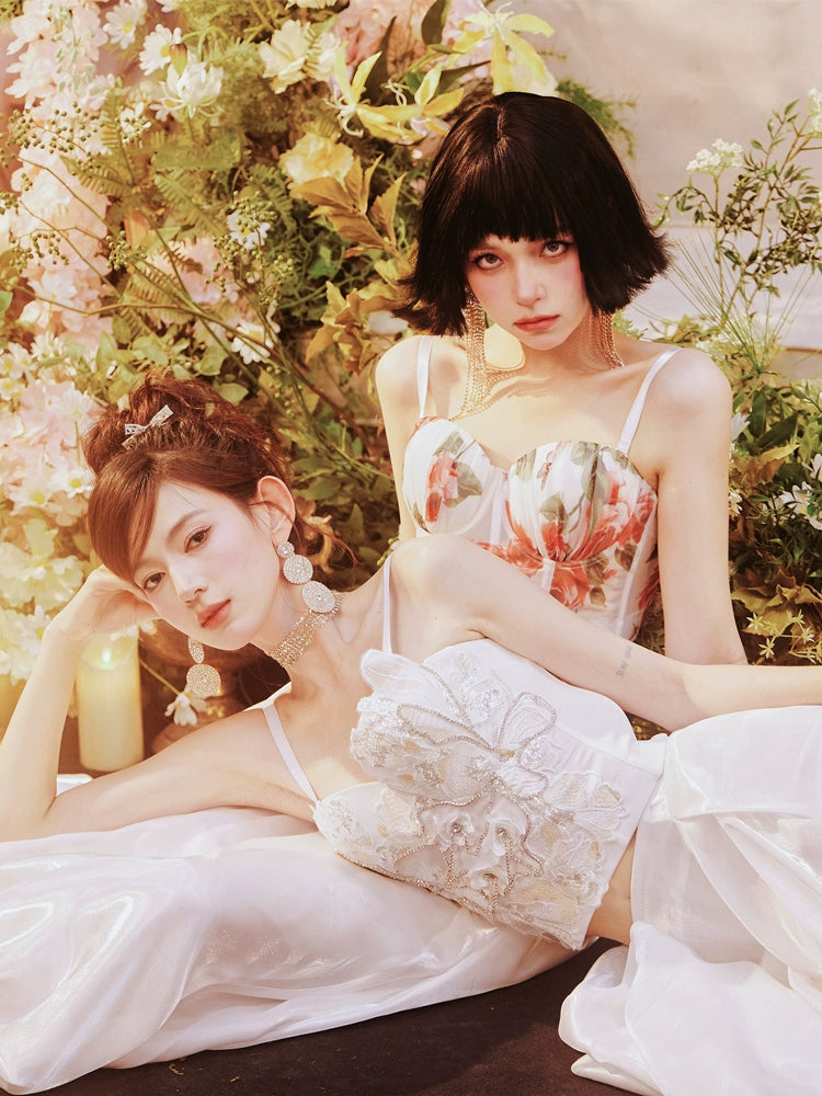 DOLLY Elegant White Natural Waist Flower Bud Long Chic Skirt-CYNTHIA  (V)