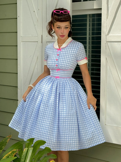 Le Palais Vintage Blue Plaid Waist Swing Skirt Puffy Skirt-SEM