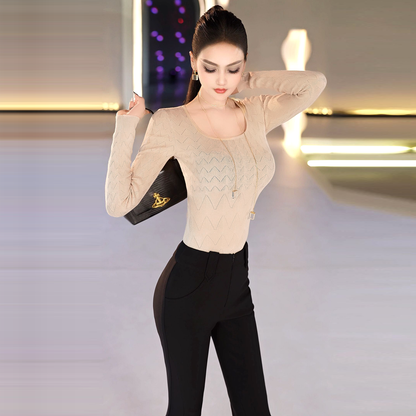 VJE  Crew Neck Chic Crochet Slim Bottom Long Sleeve Top - DIDI.