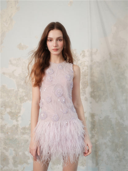 Wardrobes by Chen Purple Round Neck Sleeveless Dinner Feather Dress-Xera