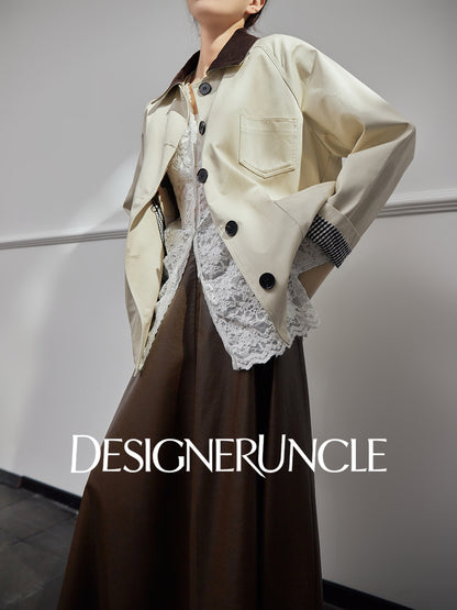 DGU| Off-white trench niche design plaid patchwork lapel long-sleeved jacket - PRAISES.