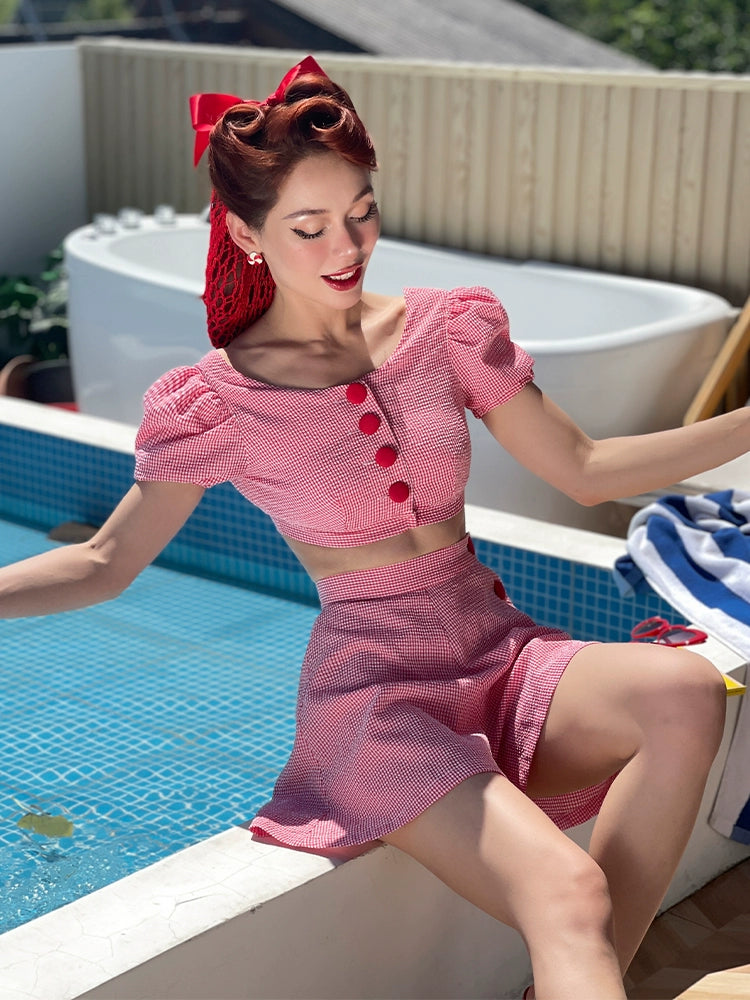 Le Palais  Red Small Padded Sleeve Short Top High Waist Shorts-GAM.