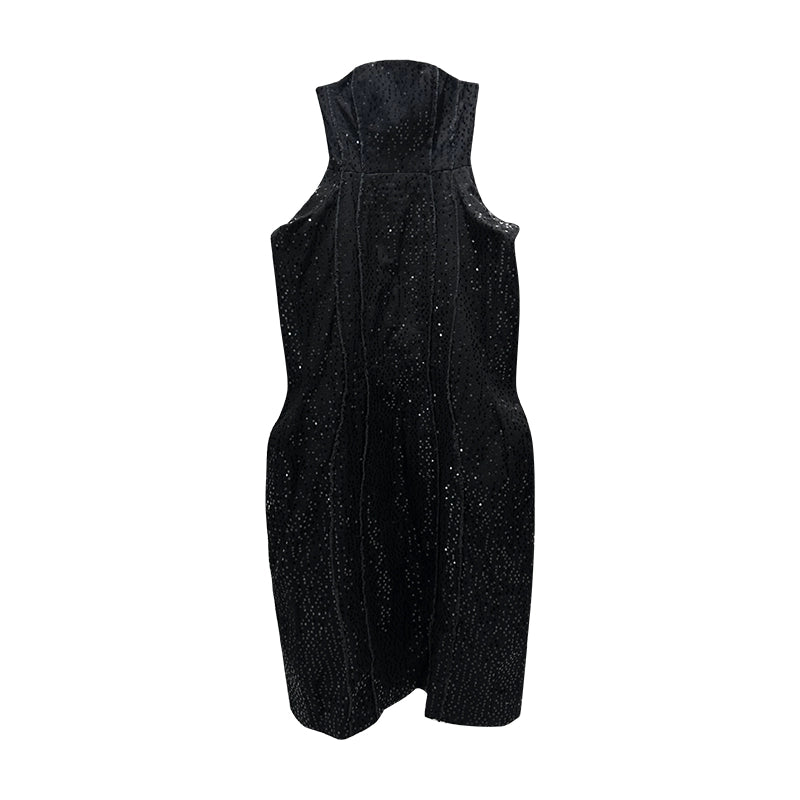 ANNAKIKI niche black beaded raw edge denim sleeveless dress-GUYTON