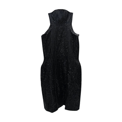 ANNAKIKI niche black beaded raw edge denim sleeveless dress-GUYTON